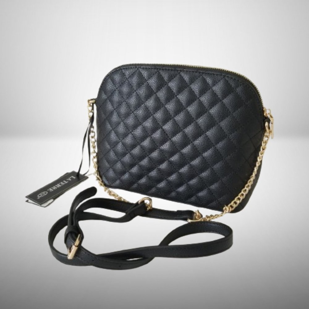 NWT! LATERRE Black Faux Leather Quilted Purse w/Gold Chain & Faux Leather Strap